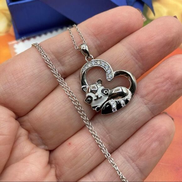 Raccoon In Heart Sterling Silver CZ Necklace - Picture 2 of 4